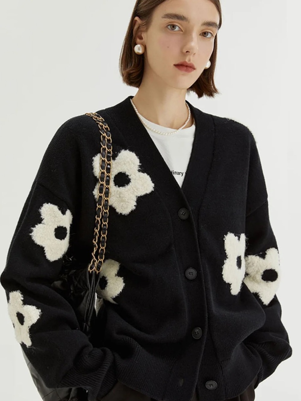 Commense floral button front cardigan black white